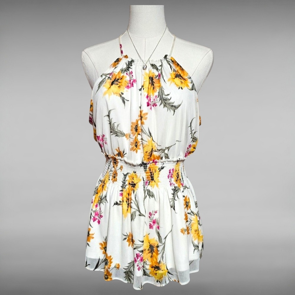 Express Halter Top Size M White Floral Smocked Waist Sleeveless Boho Coastal